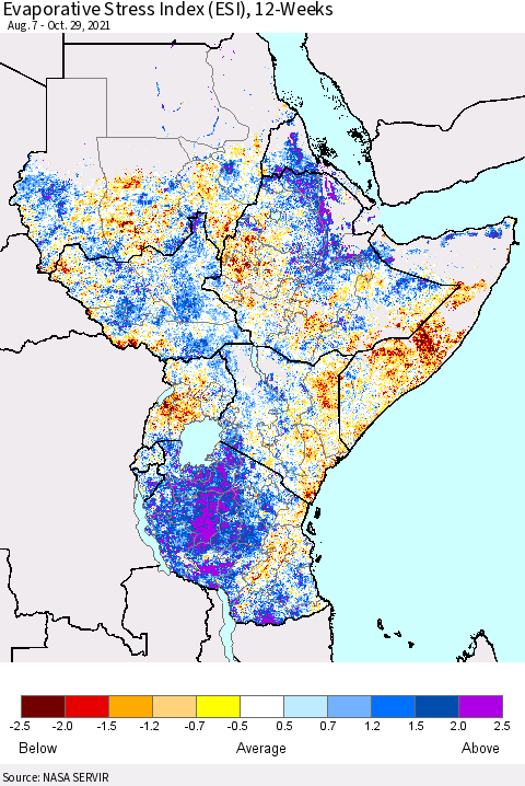 Eastern Africa Evaporative Stress Index 12-Weeks (ESI) Thematic Map For 10/25/2021 - 10/31/2021