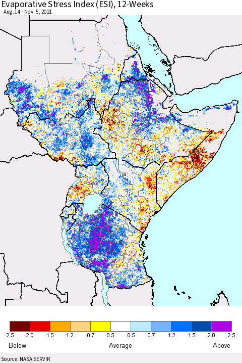 Eastern Africa Evaporative Stress Index 12-Weeks (ESI) Thematic Map For 11/1/2021 - 11/7/2021