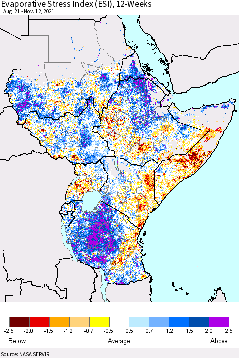 Eastern Africa Evaporative Stress Index (ESI), 12-Weeks Thematic Map For 11/8/2021 - 11/14/2021