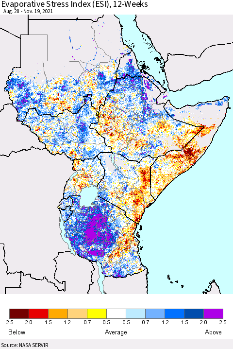 Eastern Africa Evaporative Stress Index (ESI), 12-Weeks Thematic Map For 11/15/2021 - 11/21/2021