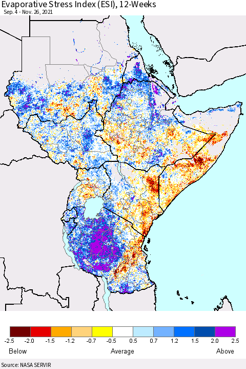 Eastern Africa Evaporative Stress Index (ESI), 12-Weeks Thematic Map For 11/22/2021 - 11/28/2021