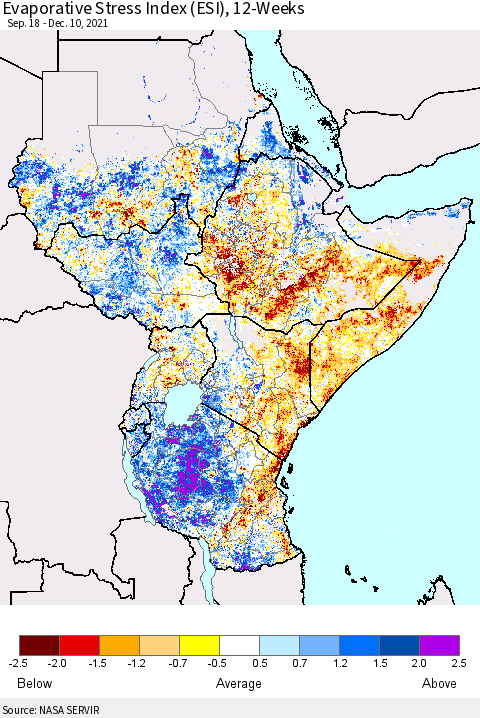 Eastern Africa Evaporative Stress Index (ESI), 12-Weeks Thematic Map For 12/6/2021 - 12/12/2021