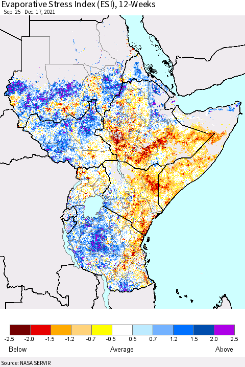 Eastern Africa Evaporative Stress Index (ESI), 12-Weeks Thematic Map For 12/13/2021 - 12/19/2021