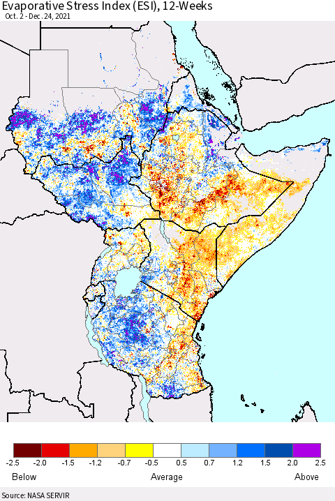 Eastern Africa Evaporative Stress Index (ESI), 12-Weeks Thematic Map For 12/20/2021 - 12/26/2021