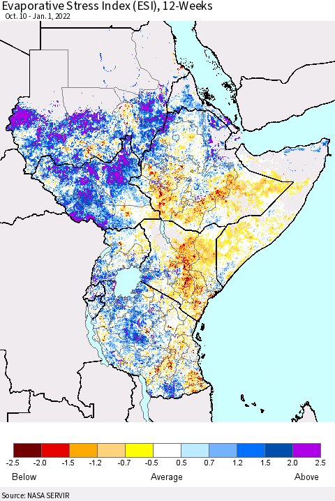 Eastern Africa Evaporative Stress Index (ESI), 12-Weeks Thematic Map For 12/27/2021 - 1/2/2022