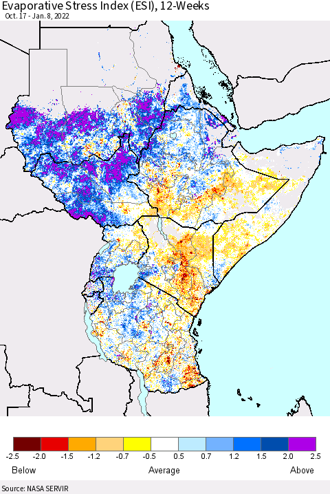 Eastern Africa Evaporative Stress Index (ESI), 12-Weeks Thematic Map For 1/3/2022 - 1/9/2022