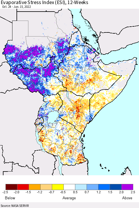 Eastern Africa Evaporative Stress Index (ESI), 12-Weeks Thematic Map For 1/10/2022 - 1/16/2022