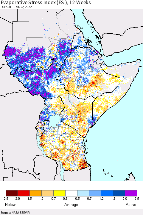 Eastern Africa Evaporative Stress Index (ESI), 12-Weeks Thematic Map For 1/17/2022 - 1/23/2022