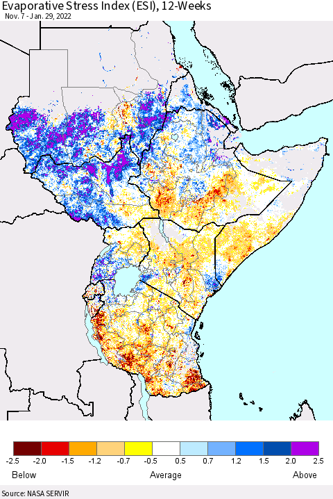 Eastern Africa Evaporative Stress Index (ESI), 12-Weeks Thematic Map For 1/24/2022 - 1/30/2022