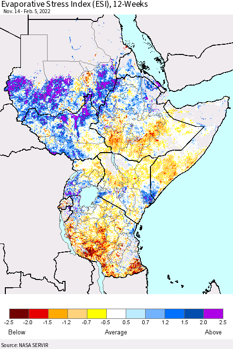 Eastern Africa Evaporative Stress Index (ESI), 12-Weeks Thematic Map For 1/31/2022 - 2/6/2022