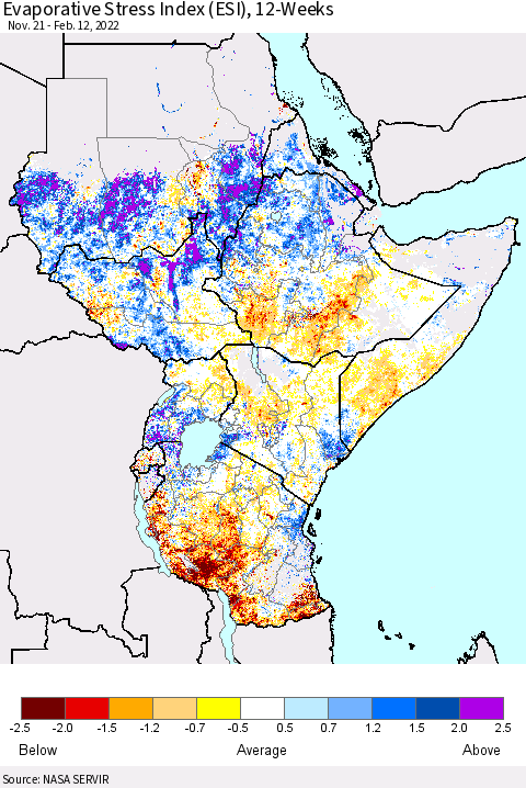 Eastern Africa Evaporative Stress Index (ESI), 12-Weeks Thematic Map For 2/7/2022 - 2/13/2022