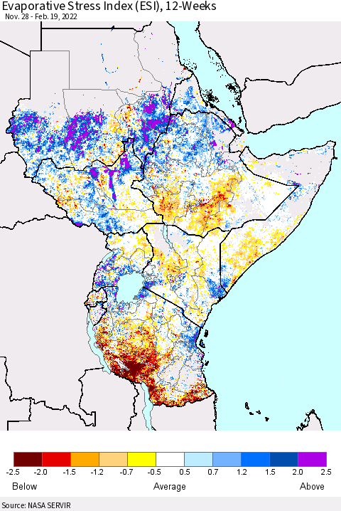 Eastern Africa Evaporative Stress Index (ESI), 12-Weeks Thematic Map For 2/14/2022 - 2/20/2022