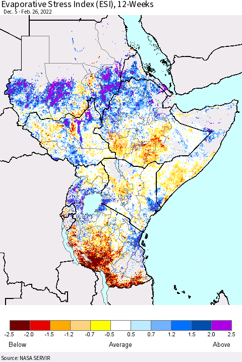 Eastern Africa Evaporative Stress Index (ESI), 12-Weeks Thematic Map For 2/21/2022 - 2/27/2022