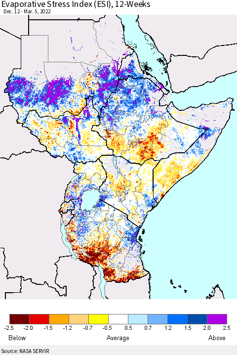 Eastern Africa Evaporative Stress Index (ESI), 12-Weeks Thematic Map For 2/28/2022 - 3/6/2022
