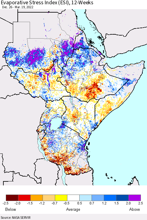 Eastern Africa Evaporative Stress Index (ESI), 12-Weeks Thematic Map For 3/14/2022 - 3/20/2022