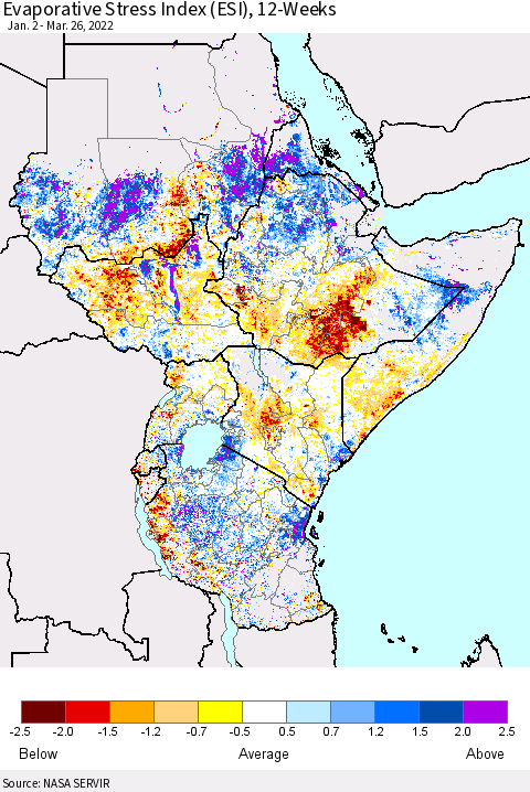 Eastern Africa Evaporative Stress Index (ESI), 12-Weeks Thematic Map For 3/21/2022 - 3/27/2022