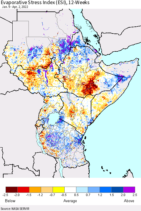 Eastern Africa Evaporative Stress Index (ESI), 12-Weeks Thematic Map For 3/28/2022 - 4/3/2022