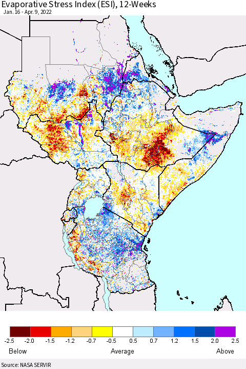 Eastern Africa Evaporative Stress Index (ESI), 12-Weeks Thematic Map For 4/4/2022 - 4/10/2022