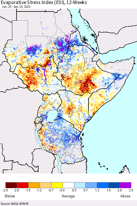 Eastern Africa Evaporative Stress Index (ESI), 12-Weeks Thematic Map For 4/11/2022 - 4/17/2022
