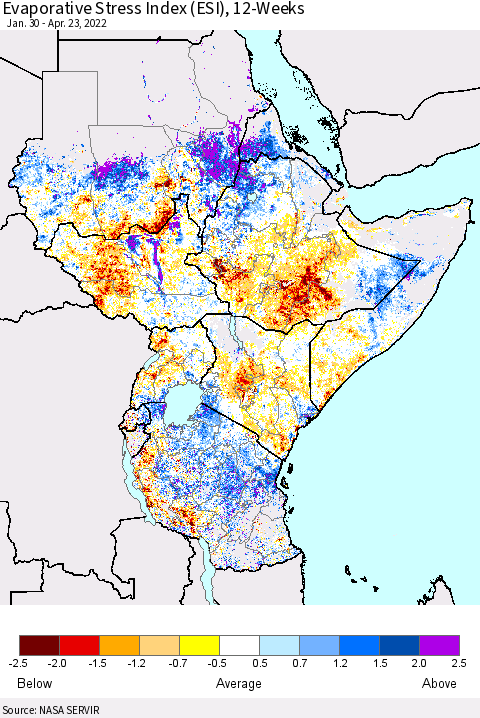 Eastern Africa Evaporative Stress Index (ESI), 12-Weeks Thematic Map For 4/18/2022 - 4/24/2022