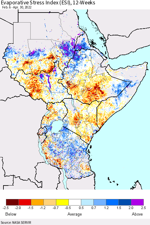 Eastern Africa Evaporative Stress Index (ESI), 12-Weeks Thematic Map For 4/25/2022 - 5/1/2022