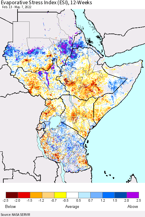 Eastern Africa Evaporative Stress Index (ESI), 12-Weeks Thematic Map For 5/2/2022 - 5/8/2022