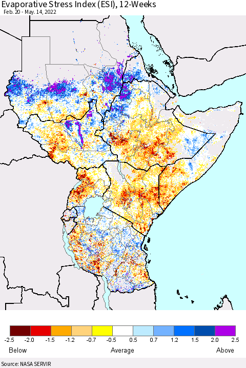 Eastern Africa Evaporative Stress Index (ESI), 12-Weeks Thematic Map For 5/9/2022 - 5/15/2022