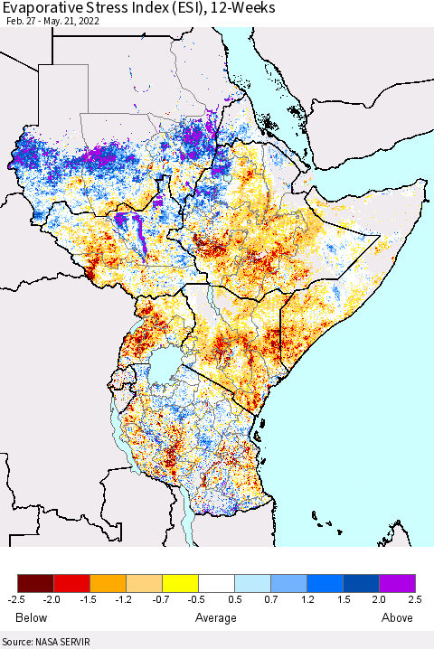 Eastern Africa Evaporative Stress Index (ESI), 12-Weeks Thematic Map For 5/16/2022 - 5/22/2022