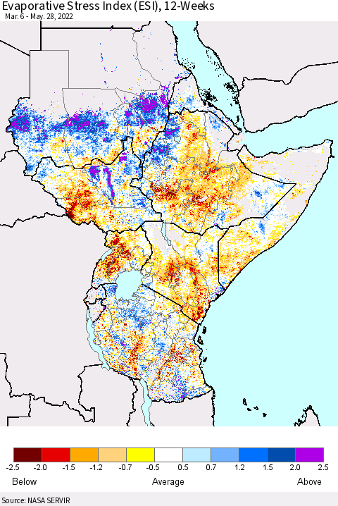 Eastern Africa Evaporative Stress Index (ESI), 12-Weeks Thematic Map For 5/23/2022 - 5/29/2022