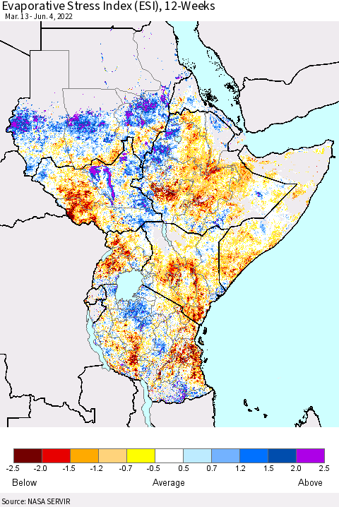 Eastern Africa Evaporative Stress Index (ESI), 12-Weeks Thematic Map For 5/30/2022 - 6/5/2022