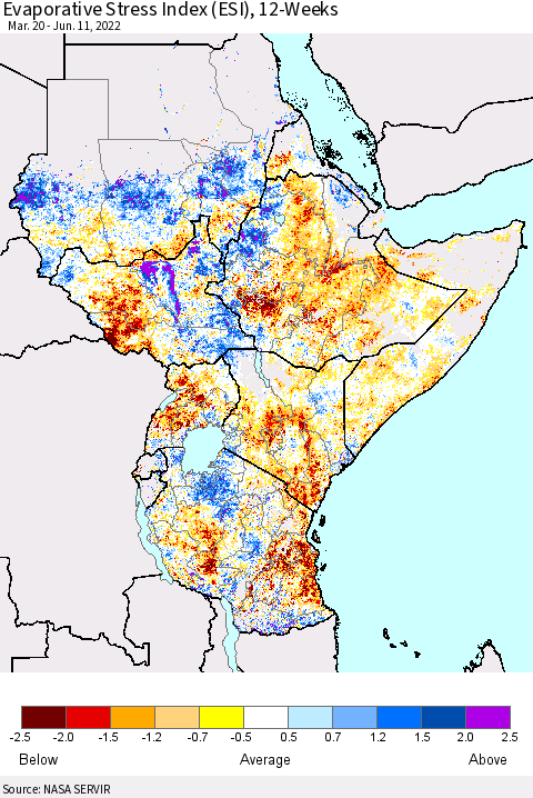 Eastern Africa Evaporative Stress Index (ESI), 12-Weeks Thematic Map For 6/6/2022 - 6/12/2022