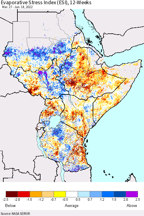 Eastern Africa Evaporative Stress Index (ESI), 12-Weeks Thematic Map For 6/13/2022 - 6/19/2022