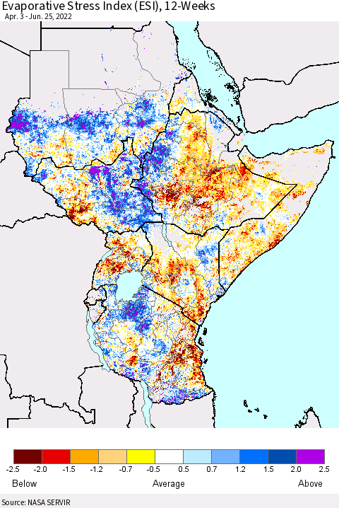Eastern Africa Evaporative Stress Index (ESI), 12-Weeks Thematic Map For 6/20/2022 - 6/26/2022