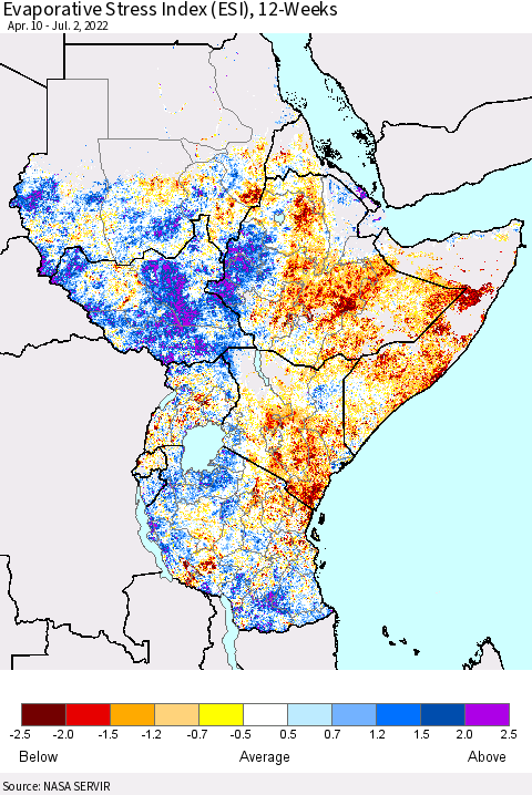 Eastern Africa Evaporative Stress Index (ESI), 12-Weeks Thematic Map For 6/27/2022 - 7/3/2022