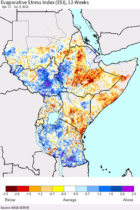 Eastern Africa Evaporative Stress Index (ESI), 12-Weeks Thematic Map For 7/4/2022 - 7/10/2022