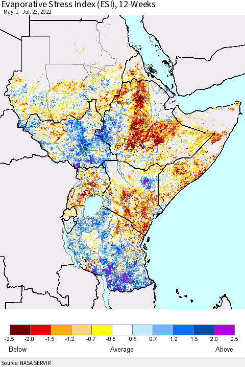 Eastern Africa Evaporative Stress Index (ESI), 12-Weeks Thematic Map For 7/18/2022 - 7/24/2022