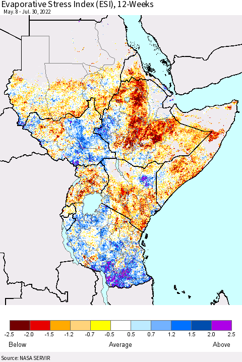 Eastern Africa Evaporative Stress Index (ESI), 12-Weeks Thematic Map For 7/25/2022 - 7/31/2022