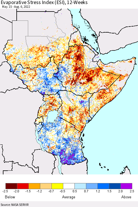 Eastern Africa Evaporative Stress Index (ESI), 12-Weeks Thematic Map For 8/1/2022 - 8/7/2022