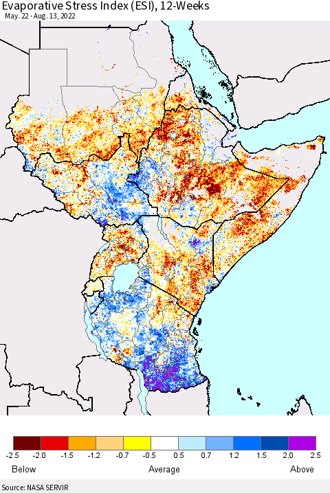 Eastern Africa Evaporative Stress Index (ESI), 12-Weeks Thematic Map For 8/8/2022 - 8/14/2022