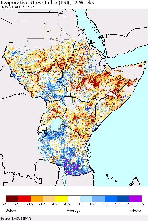 Eastern Africa Evaporative Stress Index (ESI), 12-Weeks Thematic Map For 8/15/2022 - 8/21/2022