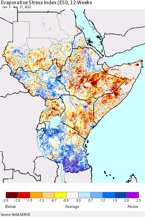 Eastern Africa Evaporative Stress Index (ESI), 12-Weeks Thematic Map For 8/22/2022 - 8/28/2022