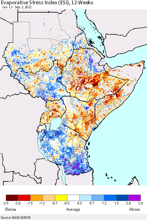 Eastern Africa Evaporative Stress Index (ESI), 12-Weeks Thematic Map For 8/29/2022 - 9/4/2022