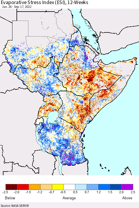 Eastern Africa Evaporative Stress Index (ESI), 12-Weeks Thematic Map For 9/12/2022 - 9/18/2022