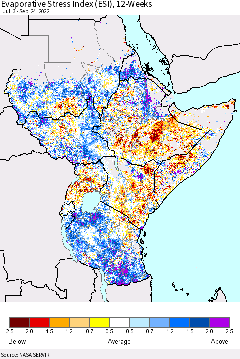 Eastern Africa Evaporative Stress Index (ESI), 12-Weeks Thematic Map For 9/19/2022 - 9/25/2022