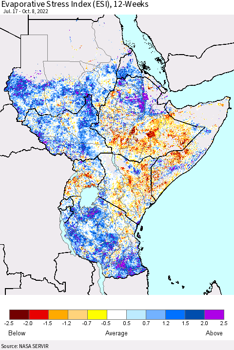 Eastern Africa Evaporative Stress Index (ESI), 12-Weeks Thematic Map For 10/3/2022 - 10/9/2022