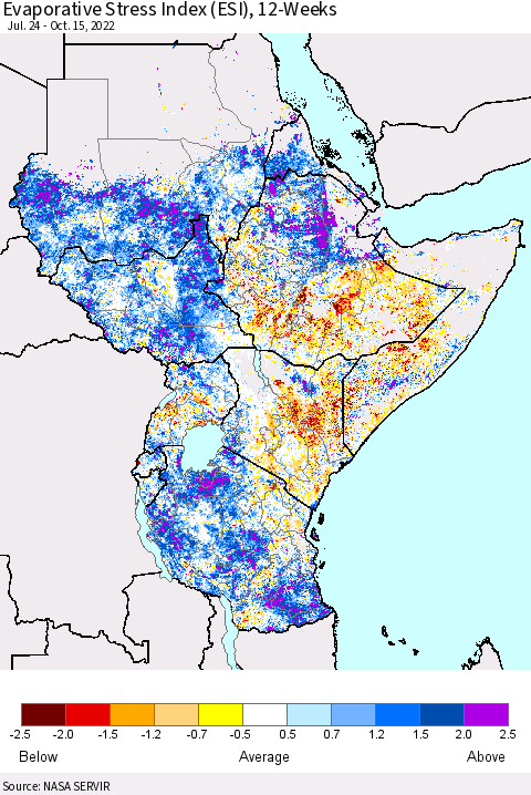 Eastern Africa Evaporative Stress Index (ESI), 12-Weeks Thematic Map For 10/10/2022 - 10/16/2022