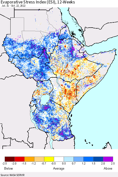Eastern Africa Evaporative Stress Index (ESI), 12-Weeks Thematic Map For 10/17/2022 - 10/23/2022
