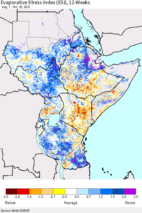 Eastern Africa Evaporative Stress Index (ESI), 12-Weeks Thematic Map For 10/24/2022 - 10/30/2022