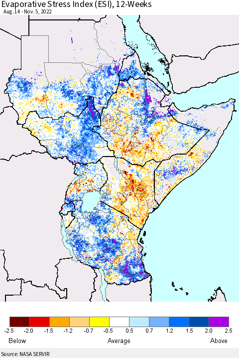 Eastern Africa Evaporative Stress Index (ESI), 12-Weeks Thematic Map For 10/31/2022 - 11/6/2022