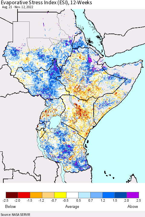 Eastern Africa Evaporative Stress Index (ESI), 12-Weeks Thematic Map For 11/7/2022 - 11/13/2022